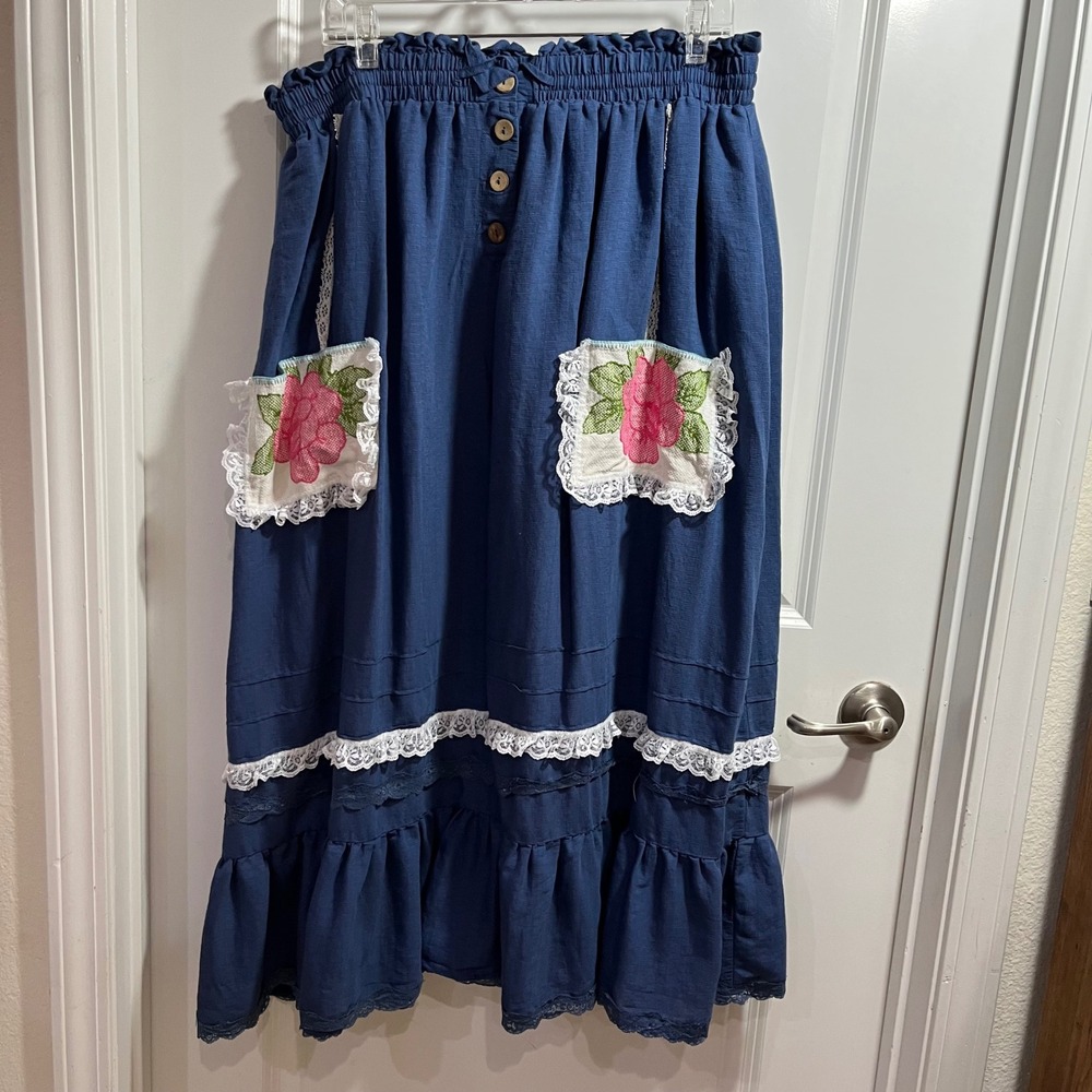 Handmade Blue Cottagecore Midi Skirt Floral Lace Pockets Ruffle Hem 2XL